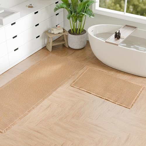 Hiasan Set of 2 Waffle Bath Mat, Super Absorbent Non Slip Bathroom Boho Rug with Tassels, Machine Washable Bath Mats for Bathroom, Ultra Soft Rubber Backed Rug, Brown, 20" x 32" + 24" x 60" - color: Brown, size: 20" x 32" + 24" x 60"