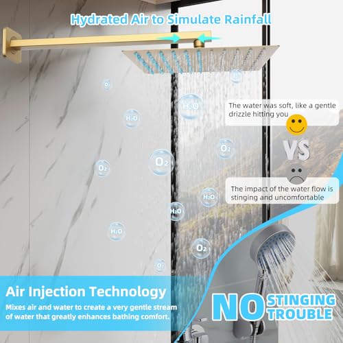 Bathroom Shower Faucet Set，12 Inch Rain Shower Head with Handheld Spray，Brass Shower Valve Trim Kit，Wall Mounted Square Rain Shower System (Brushed Gold) - color: Brushed Gold, size: 12 Inch Shower Head