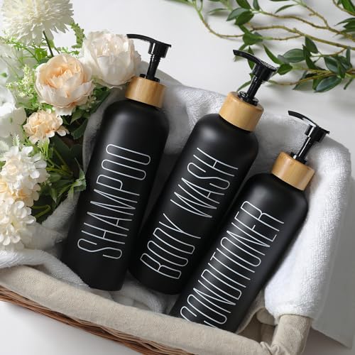 HOMCDALY 16oz 3-Pack Refillable Black Bathroom Shower Set - Empty Bottles with Pump for Shampoo, Conditioner, or Body Wash - color: Black&bamboo Pump