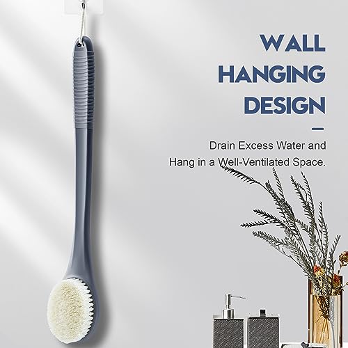 Back Scrubber for Shower, Shower Body Brush for Cleaning with Long Handle for Showering, 17 Inch Back Washer Exfoliator for Shower Men Women with Non-Slip Handle, Adhesive Hook (Gray) - size: Gray - Artificial Bristles