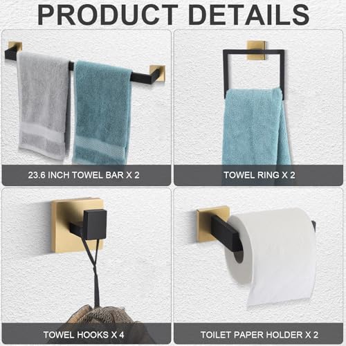 Gisafai 10 Pcs Black Gold Bathroom Hardware Accessories Set 23.6 Inch Bath Towel Bar Kit Stainless Steel Bathroom Hardware Set Towel Racks Ring Robe Hooks Paper Holder for Wall Mounted - color: Black Gold