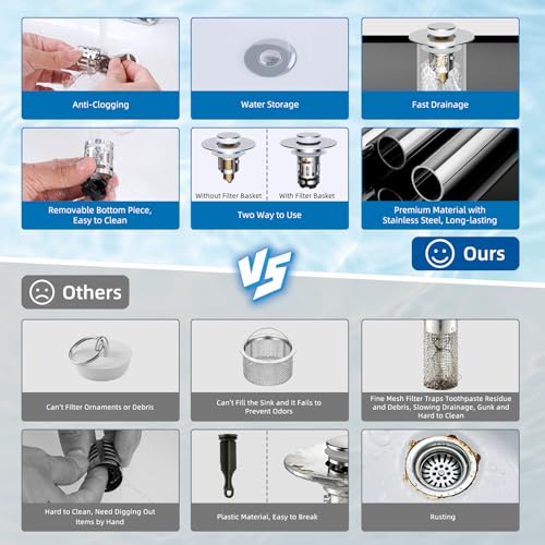 Hibbent Upgraded 3 in 1 Bathroom Sink Drain Strainer, Universal Pop Up Stopper with Removable Stainless Steel Filter Basket Hair Catcher, Sink Plug for 1.1''~2.36'' Basin, Brass Bullet Core, Chrome - color: Chrome
