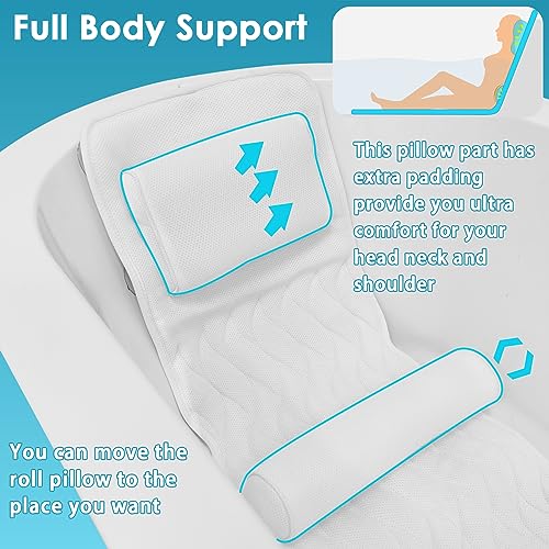 AEROiVi Full Body Bath Pillow with Lumbar Pillow Bathtub Cushion with 14 Suction Cups 3D Air Mesh Fit Any Tub Luxury Bathroom Accessories - size: 50 inch
