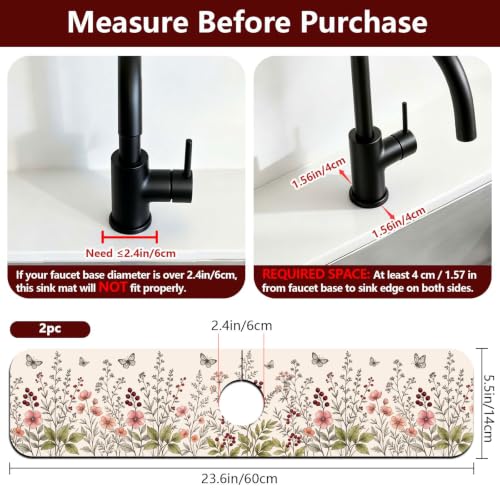 2 Pcs Kitchen Sink Splash Guard Faucet Mat Retro Wildflower Bush and Butterflies Pattern Faucet Mat for Sinks Flower Absorbing Drying Mats for Kitchen Bathroom - color: Wildflower Bush