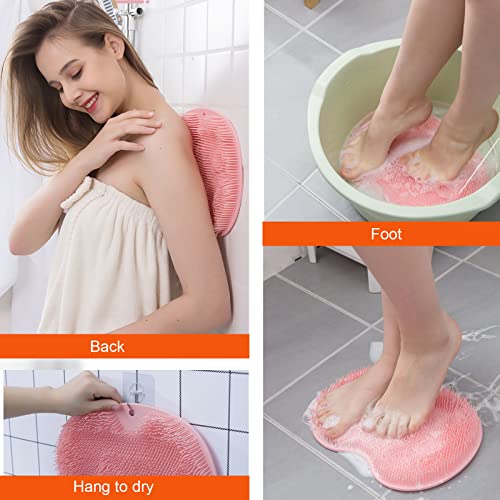 2 Pack Shower Back & Foot Scrubber, Wall Mounted Back Scrubber Silicone Bath Massage Cushion Brush with Suction Cups, Bathroom Wash Mat Exfoliating Dead Skin Brush (L-Blue Grey) - size: L-Blue Grey 2pcs