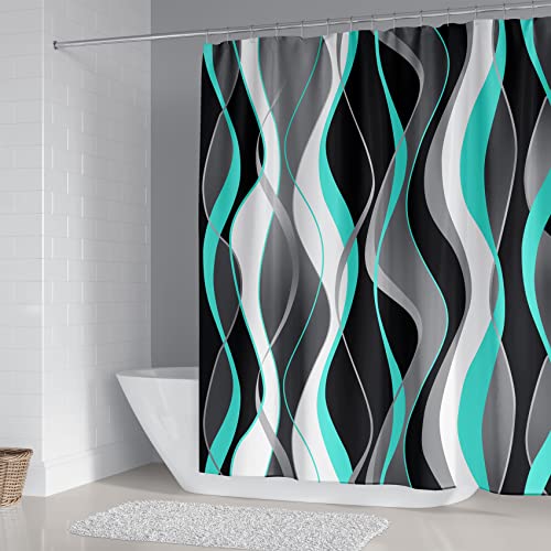 4Pcs Turquoise Shower Curtain Sets with Non-Slip Rugs, Toilet Lid Cover and Bath Mat, Black and Gray Bathroom Decor Set Accessories Fabric Waterproof Shower Curtains with 12 Hooks, 72 x 72 Inch - color: Turquoise