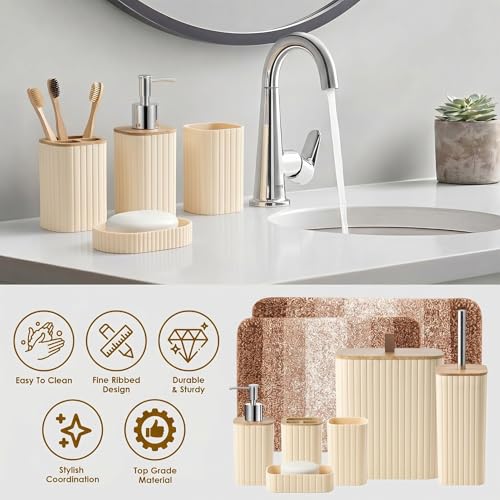 Bathroom Accessories Set - Bathroom Set with Shower Curtain and No Slip Rugs, Trash Can, Toilet Brush Holder Set, Soap Dispenser & Bath Towels - Stylish Bath Decor for Home, Apartment, Beige, 25PCS - color: Beige