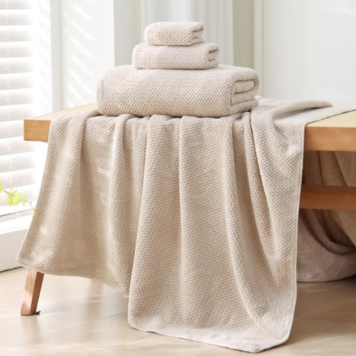 30x60 Inches Large Bath Towels Set Super Soft Absorbent 350GSM Thin Microfiber Towels for Bathroom - Beige,6-Piece