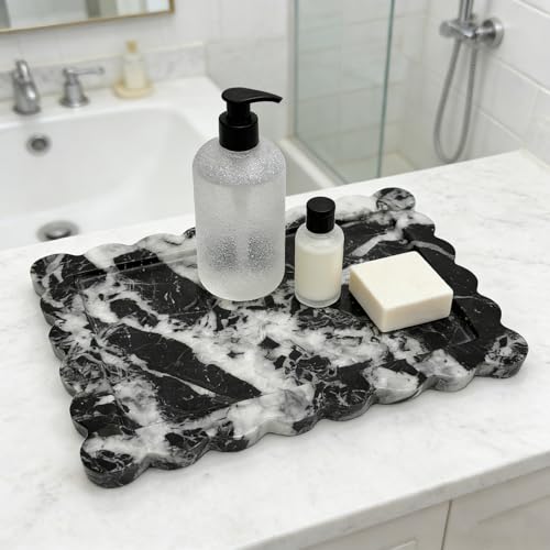 Real Natural Calacatta Black Marble Tray, Luxury Scalloped Marble Tray, Decorative Rectangle Marble Tray for Vanity Bathroom Kitchen Coffee Table Jewelry Perfume Home Decor - color: Calacatta Black