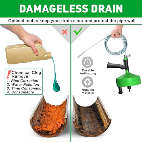 BACOENG 50Ft Drain Auger, Heavy Duty Plumbing Snake with Drill Adapter, Use Manually or Powered for Drain Clog, Shower Sink, Comes with Gloves and Bag (Green) - color: Green-50FT