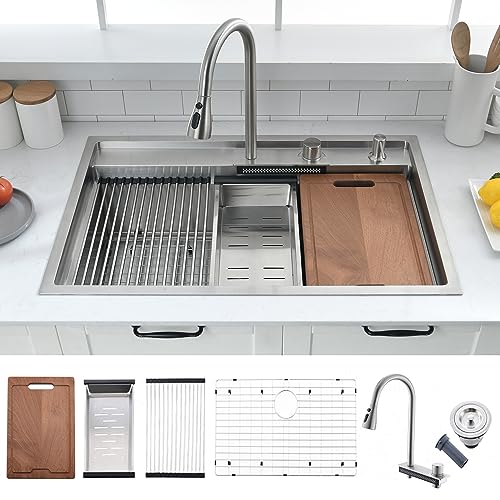 33 Inch Drop In Kitchen Sink with Waterfall Faucet Combo - VOKIM 33x22-Inch Drop In Sink Workstation Stainless Steel 16 Gauge Single Bowl Kitchen Sinks with Cutting Board - color: Stainless Steel （Waterfall）, size: 33"L x 22"W x 10"D