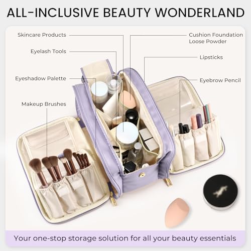 HauteHues Travel Makeup Bag Women's Large Capacity Cosmetic Portable Organizer Large Opening Waterproof Storage Toiletry Bags Vertical Free-Standing Brush Holder for Easy Access Purple - color: Purple