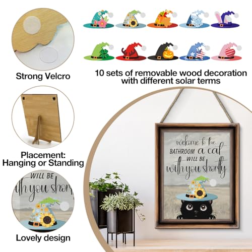 Funny Spring Cat Bathroom Decor - Interchangeable Seasonal Cats Bathroom Hanging Wooden Sign for Restroom Shelves Toilet Tank Decoration(10 Pcs) - Welcome to The Bathroom - color: Cat welcome