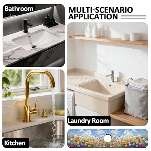 2 Pcs Kitchen Sink Splash Guard Faucet Mat Oil Painting of a Flower Bush Faucet Mat for Sinks Absorbing Drying Mats for Kitchen Bathroom, 23.6x5.5inch - color: Oil Painting of a Flower Bush