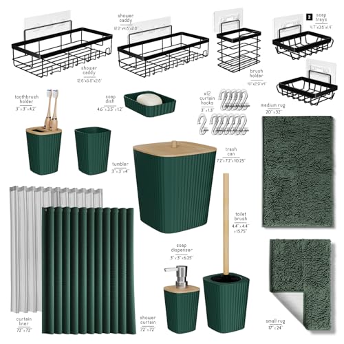 Clara Clark Bathroom Accessories Set - 27PC Bathroom Set with Adhesive Corner Shower Caddy Hanging, Bathroom Sets with Shower Curtain and Rugs, Hunter Green Shower Curtain Set with Bathroom Trash Can - color: Hunter Green, size: Complete Set + Bath Rug +