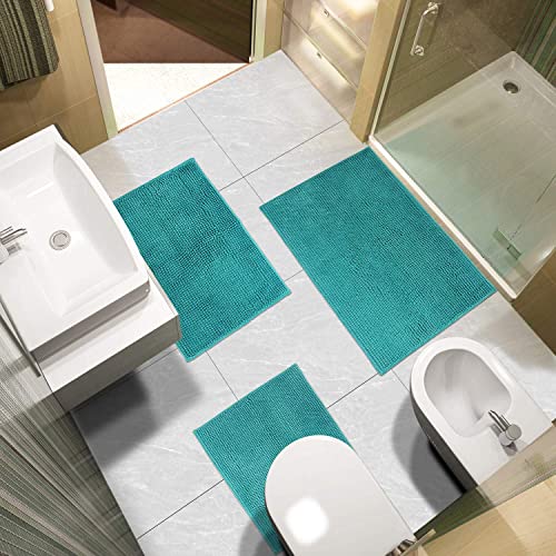 Urvoix 3 Pieces Bathroom Rugs Set, Non-Slip Chenille Bath Rug, Ultra Soft and Super Absorbent Bath Mat for Bathroom, Toilet and Tub (Teal Green) - color: Teal Green