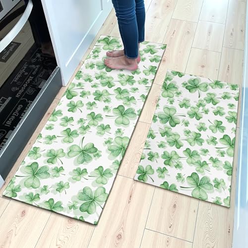 St. Patrick's Day Kitchen Mats for Floor 2 Pcs Green Watercolor Shamrock Clover Washable Runner Rug Non Slip 17"x47"+17"x30", St Patricks Day Kitchen Rugs Set for Spring Irish Home Decor - color: Green Watercolor Shamrock