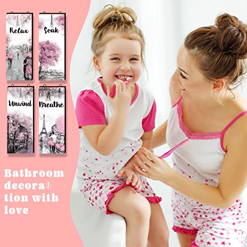 Gerrii 4 Pcs Pink and Grey Bathroom Decor Paris Decor Relax Soak Unwind Breathe Wall Art Farmhouse Bathroom Wedding Newlywed Home Spa Laundry Accessories Wood Hanging Sign(14.57 x 5.79 Inch,Rectangle) - size: 14.57 x 5.79 Inch, style: Rectangle