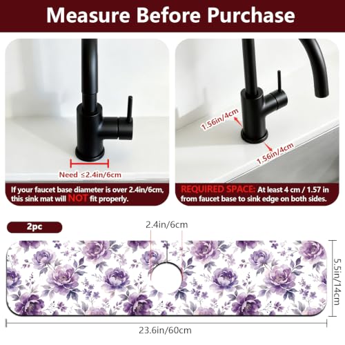 2 Pcs Kitchen Sink Splash Guard Faucet Mat Purple Flowers Faucet Mat for Sinks Dreamlike Blooms Absorbing Drying Mats for Kitchen Bathroom, 23.6x5.5inch - color: Purple Flowers