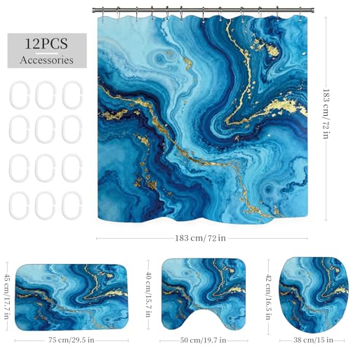 Marble Bathroom Sets with Rugs for Bathroom Decor, 72x72 Inches Gold Shower Curtain with Non-Slip Rugs and Accessories, Waterproof Machine Washable Bath (Curtain Set- Bule Gold Marble) - color: Curtain Set- Bule Gold Marble