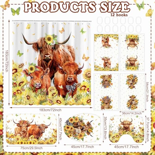 FuWeave 8 Pcs Highland Cow Shower Curtain Sets for Bathroom Sunflower Farm Cattle Shower Curtain Sets Watercolor Floral Bathroom Accessories with Towels Carpet Bath Mat Toilet Rugs and 12 Hooks - color: Highland Cow