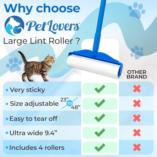 PetLovers Large Lint Roller with 3 Refills – 400 Total Sheets for Tackling Pet Hair, Extra Large Floor and Carpet Roller for Homes with Pets, Perfect for Floors, Furniture, and Loving Pet Owners - size: 4 Pack Floor Roller