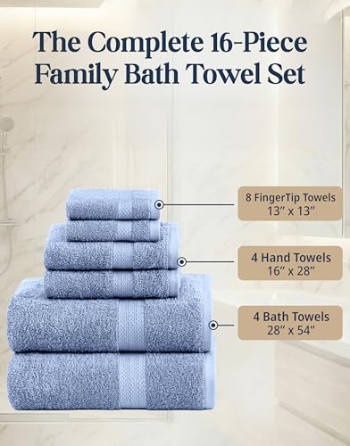 LANE LINEN 100% Cotton Bath Towels 16 Piece Set - Super Soft, Quick Dry & Absorbent - 4 Bath, 8 Washcloths, 4 Hand Towels for Bathroom - Hotel Quality, Minimal Lint after 3 Washes - Cerulean Blue - color: 07: Cerulean Blue
