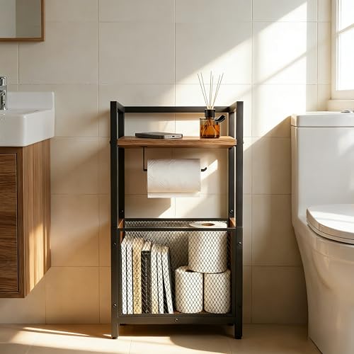 Toilet Paper Holder Stand, Free Standing Toilet Paper Stand with Metal Mesh Basket, Freestanding Toilet Paper Holder with Storage for Bathroom Tissue Roll Holder, Magazines, Wipes, Black