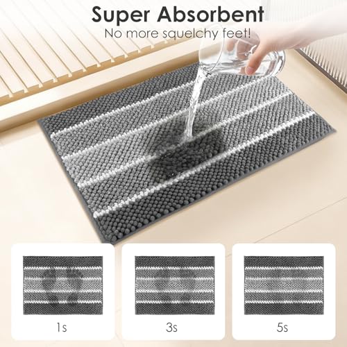 ArtyCozy Bathroom Rug, Extra Thick Absorbent Chenille Striped Pattern Shaggy Bath Mat Non Slip, Soft Plush Bath Floor Mats, Machine Washable, Grey, 24"x60" - color: Grey, size: 24" × 60"
