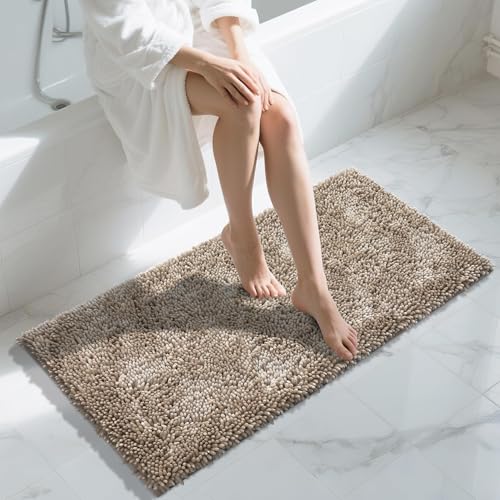 Yimobra Long Bathroom Rug Non Slip 44x24 Inch, Extra Thick Soft Absorbent Chenille Bath Mat, Machine Washable Quick Dry Bath Rugs for Bathroom Floor, Tub and Shower, Home Decor Accessories, Camel - color: Camel, size: 44" X 24"