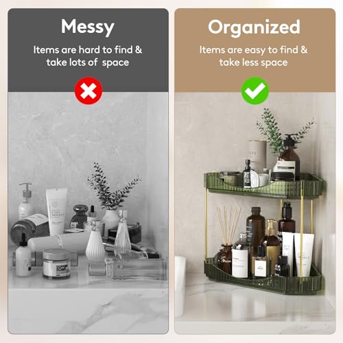 Lifewit 2-Tier Corner Bathroom Counter Organizer, Plastic Makeup Skincare Organizers Storage Countertop, Large Sink Cosmetic Perfume Shelf for Bedroom, Dresser, Kitchen, Vanity, Green, 25 cm/10inch(H) - color: Green, size: 2 Tier