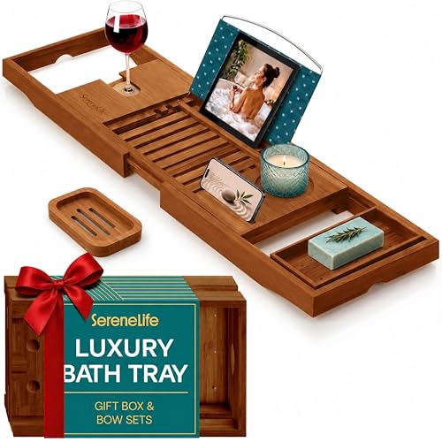 SereneLife Premium Bathtub Tray Caddy, Expandable Bath Tray, Unique House Warming Gifts, Gift for Mom, Women, New Home, Wedding, Anniversary, Bridal Shower, Universal Fit for All Tub - Brown, Gift Set - color: Brown, Gift Set