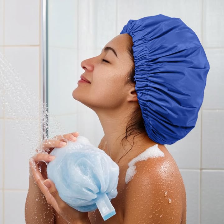 Edoneery Reusable Shower Caps for Women, Waterproof Long Hair Bonnet | Washable Design, Wide Elastic Band, Large Fit, Holds Long Hair, Braids Friendly, Bath Accessories, Spa, Travel - color: Dark Blue
