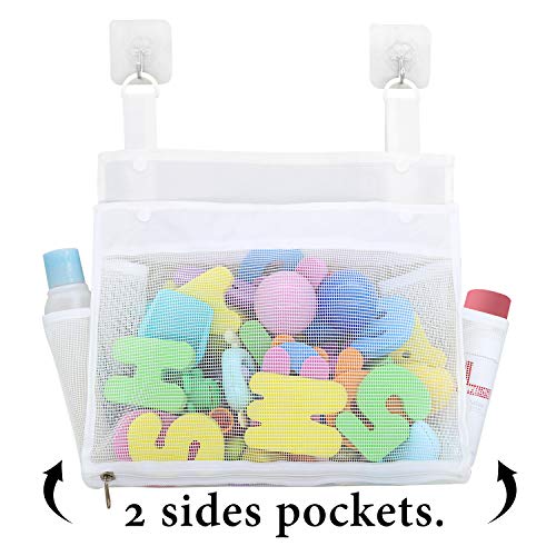 Muchfun Bath Toy Organizer Multiple Ways to Hang | Extra Large Opening Bathroom Toy Holder, Bottom Zipper Bathtub Toy Storage Bag (White) - color: White