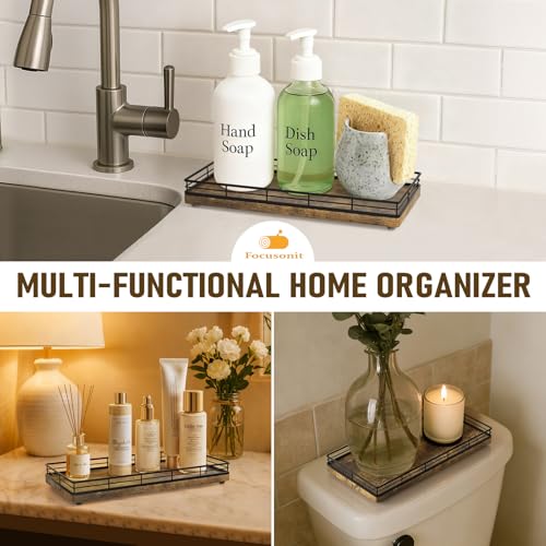 Bathroom Vanity Tray for Countertop, 12" x 6" Wood Toilet Tank Tray | Metal Guardrail, Bathroom Organizer for Soap, Perfume & Skincare, Non-Slip Decorative Tray for Dresser, Black & Rustic Brown - color: Rustic Brown, size: 12" x 6" x 1.5"