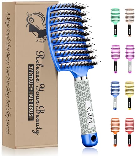 KTKUDY Detangling Brush Boar Bristles Hairbrush Make Hair Shiny & Healthier Curved and Vented Detangler Brush for Women Men Kids Wet and Dry Hair (Blue) - color: Blue