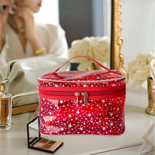 Star Print Green PVC Makeup Bag with Handle - 8.66 * 5.51 * 5.51 inch,Clear Storage Bag Toiletry Pocket Portable Zippered Pouch Waterproof Cosmetic Organizer Bags for Women (Green-L) - color: Green-L