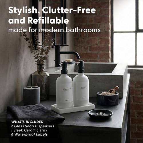 MaisoNovo Bathroom Soap Dispenser Set- Soap and Lotion Dispenser Set with White Soap Dispenser, Black Pumps & Ceramic Tray - color: White Bottles/ Black Pumps/ White Ceramic Tray