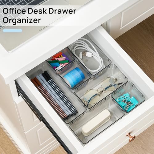 Vtopmart 25 PCS Office Desk Drawer Organizers Set, 4-Size Versatile Plastic Drawer Organizer Trays, Storage Bins for Desk Accessories Office Organizers and Storage, Bathroom, Makeup, Vanity - color: Clear Black