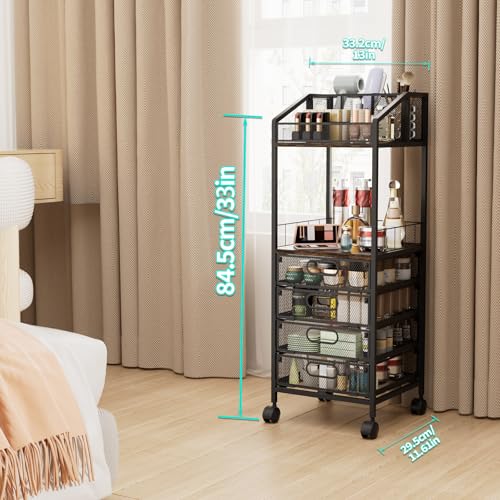 HapiRm Makeup Organizer Storage Cart - Floor Skincare Make Up Storage with 4 Drawers, Rolling Makeup Cart Vanity Organizer Cosmetics Display Cases Holder for Skin Care Perfume Nail Polish - color: Espresso