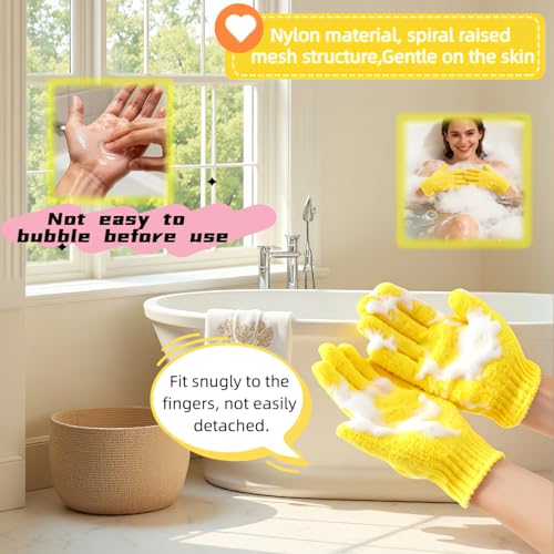 4-Pack SpaGlow Exfoliating Bath Gloves - Body & Face Scrub for Smooth Skin, Prevent Acne, Unclog Pores. Deep Cleansing and Massage Spa Gift Set for Women/Men, Yellow and green