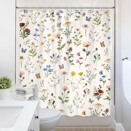 Vintage Floral Shower Curtain 60Wx72L Inch Boho Beige Flowers Colorful Wildflowers Rustic Plants Botanical Herbs Butterfly Girls Bathroom Set Spring Bath Curtain Bathtub Accessories Home Decor - color: D 01 Beige, size: 60"W x 72"L (Pack of 1)
