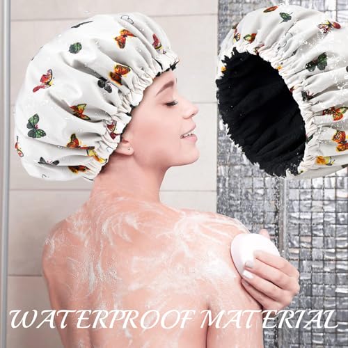 Shower Cap for Women Terry Lined Bath Cap Large Reusable Waterproof Elastic Band Butterfly Shower Caps for Long Thick Hair Soft Bath Shower Hair Caps - color: Colorful Butterfly