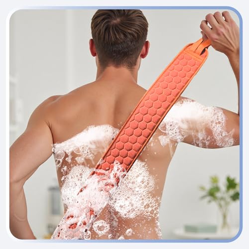Back Scrubber for Shower with Handles, 40 Inch Extra Long Double-Sided Exfoliating Bath Strap, Textured Body Washer with Extended Reach for Deep Cleaning (Red) - color: Red