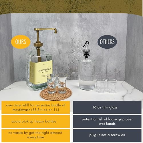 eBun Gold Mouthwash Dispenser Set, 37oz Glass Bottle with Pump & Cups | Large capacity pump dispenser for bathroom. Includes glass mouth wash bottle & matching cups for stylish daily oral care - color: Gold