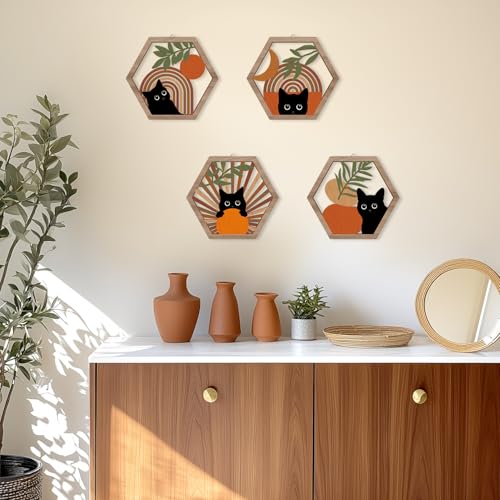 HPNIUB Boho Black Cat Wall Decor, Farmhouse Geometric Hanging Wooden Wall Art, 4 Pieces 11''x9.8'' Mid Century Bohemian Abstract Moon and Sun Wood Sign for Nursery Bedroom Decoration, Lovely Cat Gifts - color: Black cat[orange style]
