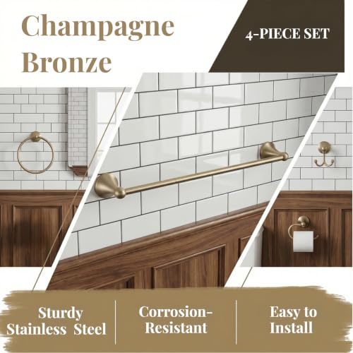 4 Piece Gold Bathroom Hardware Set - Brushed Gold Bathroom Accessories, 23.6 Inch Towel Bar | Towel Hook | Toilet Paper Holder | Hand Towel Holder (Champagne Bronze) - color: Champagne Bronze