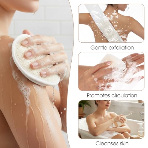 Natural Loofah Sponge Set, 6-Pack Exfoliating Body Scrubber Pads & Back Scrubber & Glove Luffa Sponge Pads, White for Men and Women