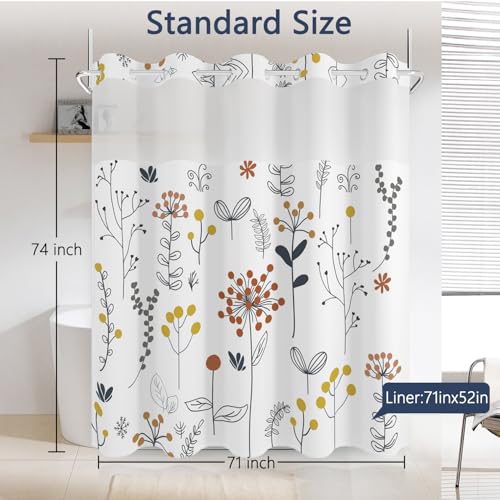 No Hook Shower Curtain with Snap in Fabric Liner Set, Waterproof & Washable, Farmhouse Cute Floral Shower Curtains for Bathroom, Spring Summer Botanical Plants Bathroom Curtain, House Gift, 71x74 inch - color: Hand-drawn Botanical