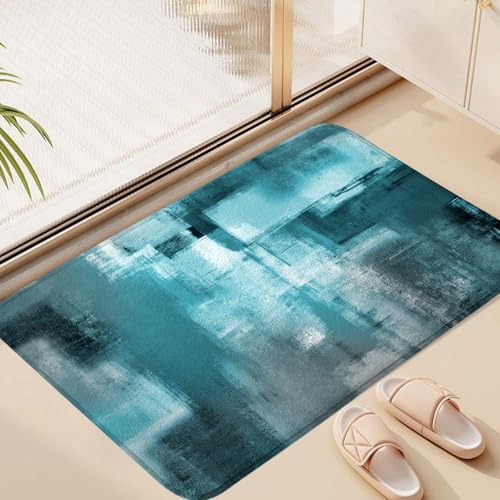 Teal Blue Abstract Bath Rug, Modern Grey Art Painting Bath Mat Sets for Bathroom, Soft Non Slip Floor Rugs 17X29 Inch - color: Teal